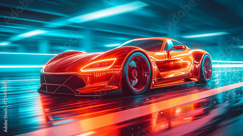 Racing sports car on neon highway. Powerful acceleration of a supercar on a night track with colorful lights and tracks. Blur at high speed. The light trail from the headlights. © Andrey Shtepa