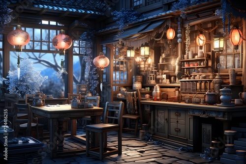 Interior of a Japanese restaurant in the snow. 3D rendering