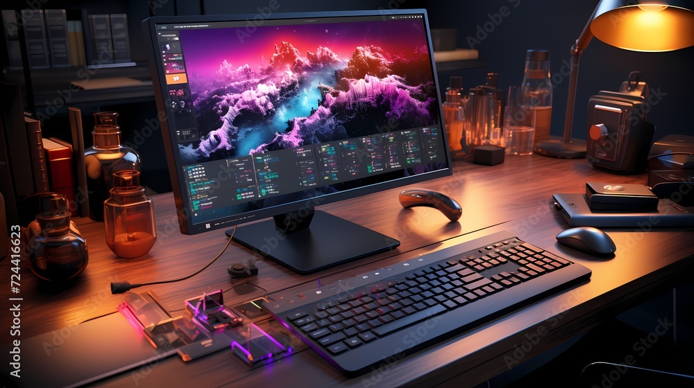 A top view of a desktop computer mockup on a solid background ...