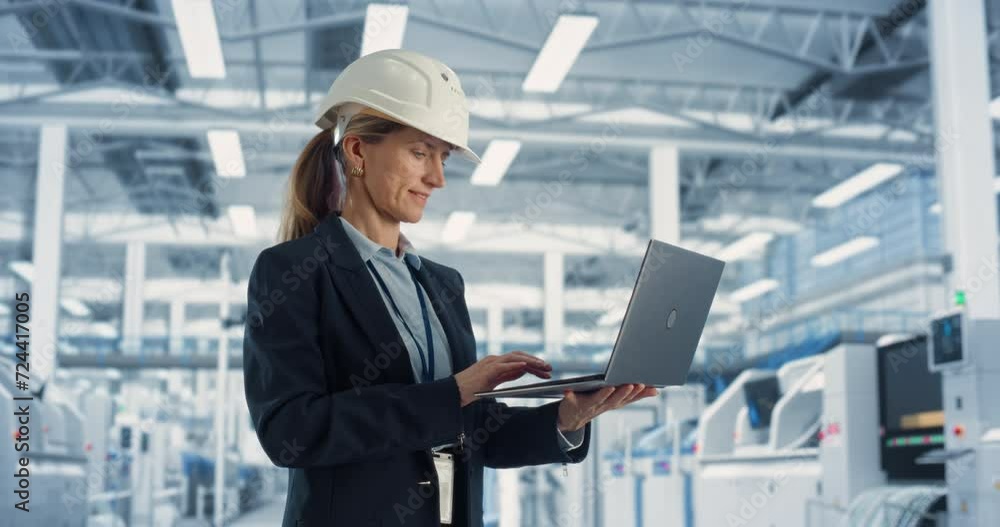 Portrait of a Happy Caucasian Female Engineer in Hard Hat Standing and Using Laptop Computer at Electronic Manufacturing Factory. Technician Thinking About Tasks and Working on Industrial Machinery. Portrait of a Happy Caucasian Female Engineer in Hard Hat Standing and Using Laptop Computer at Electronic Manufacturing Factory. Technician Thinking About Tasks and Working on Industrial Machinery.