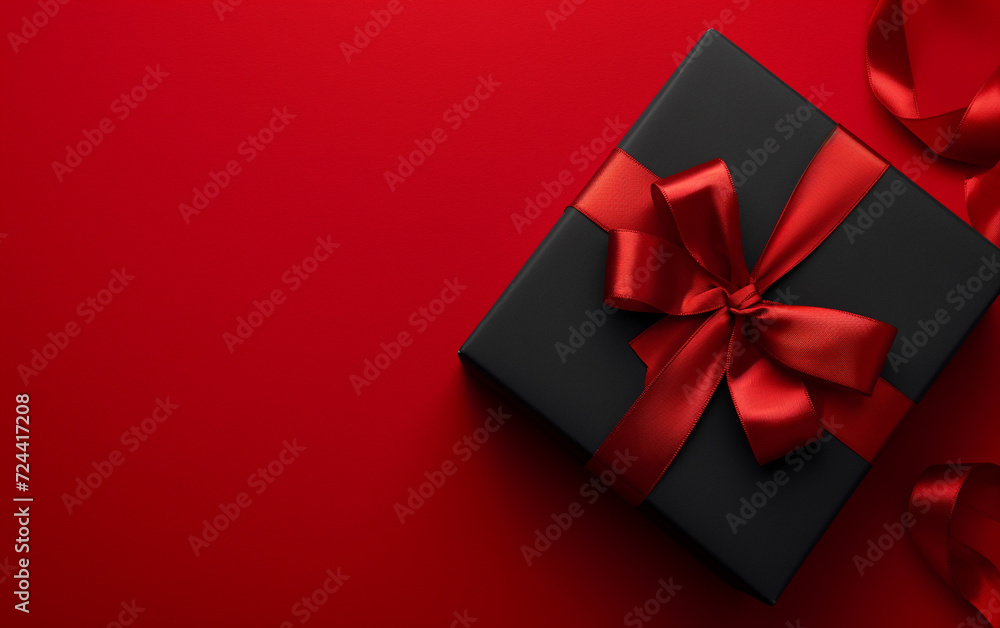 Black gift box with red ribbon and bow on red background. A Perfect way to express your love. Black gift box with red ribbon and bow on red background. A Perfect way to express your love.