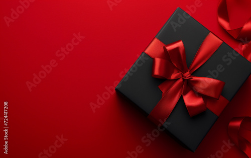 Black gift box with red ribbon and bow on red background. A Perfect way to express your love. © Harry
