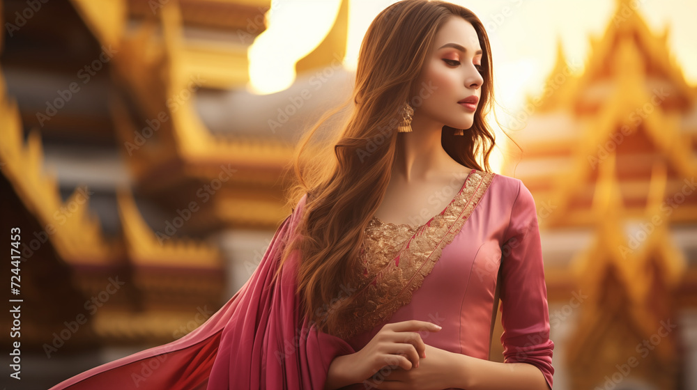 Beautiful woman wearing pink gold dress traveling in Thai temple
Style: Thai mixed with Indian costumes in a Thai temple in the background.
The concept of dressing up to make merit in a temple,