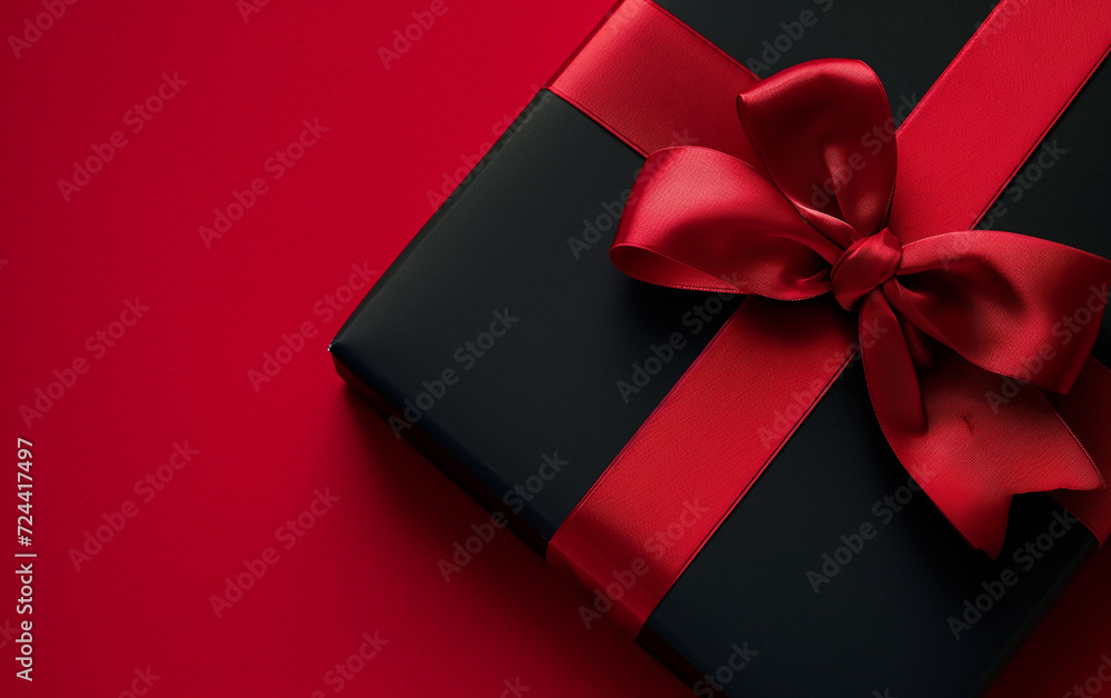 Black gift box with red ribbon and bow on red background. A Perfect way to express your love. Black gift box with red ribbon and bow on red background. A Perfect way to express your love.