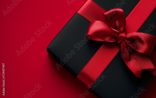 Black gift box with red ribbon and bow on red background. A Perfect way to express your love.