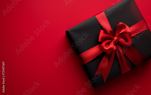 Black gift box with red ribbon and bow on red background. A Perfect way to express your love.