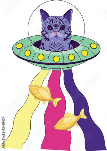 Cat in flying saucer and fish