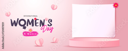 Womens day banner for product demonstration with empty white paper. Pedestal or podium, 8 march with flowers and paper hearts on pink background. Vector illustration