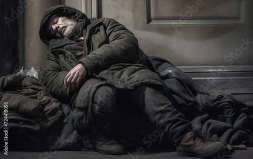Homeless Man Sitting on Ground photo