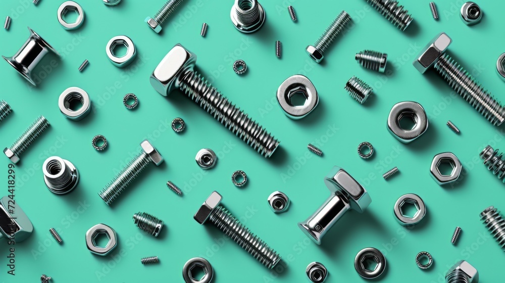 Screws, nuts, cogs, bolts pattern on a green background. Screws, nuts, cogs, bolts pattern on a green background.