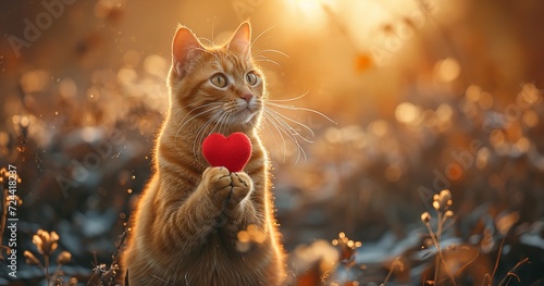 At twilight, in the flower field, an orange cat is holding a red heart in its hands, space, Generative AI.
