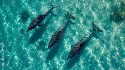 Dolphins swim gracefully through turquoise waters