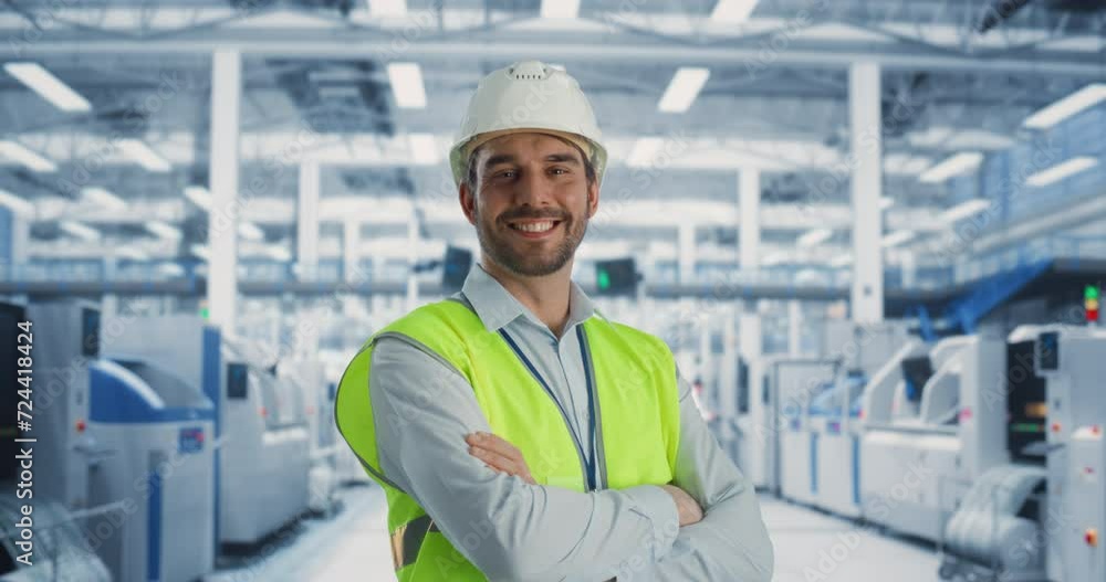 Process Engineer Smiling, Looking at Camera. Portrait of a Caucasian Man in Protective White Hardhat and Reflective Jacket. Specialist Monitoring AI Powered Assembly Line With Heavy Machinery. Process Engineer Smiling, Looking at Camera. Portrait of a Caucasian Man in Protective White Hardhat and Reflective Jacket. Specialist Monitoring AI Powered Assembly Line With Heavy Machinery.