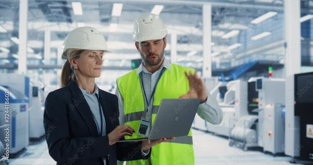 Two Professional Heavy Industry Engineers Wearing Hardhats Discussing Factory Work on Laptop Computer. Caucasian Female Specialist and Male Technician Working On Electronics Production Plant. Two Professional Heavy Industry Engineers Wearing Hardhats Discussing Factory Work on Laptop Computer. Caucasian Female Specialist and Male Technician Working On Electronics Production Plant.