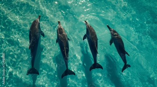 Dolphins swim gracefully through turquoise waters