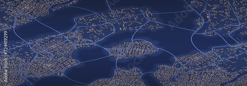 Abstract isometric navigation plan of urban area. Generic city map with signs of streets, roads, house. Simple scheme of city with poi. Colored flat, editable vector illustration