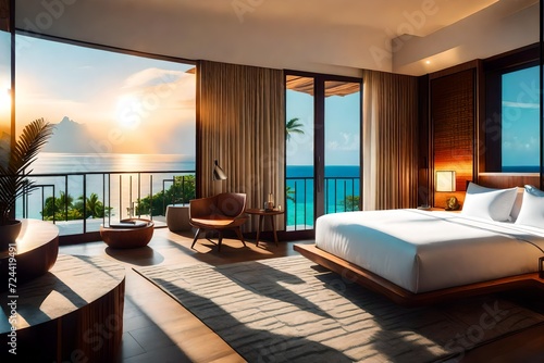 A hotel room with bright fresh colors in Bali style, minimal style bedroom with ocean view