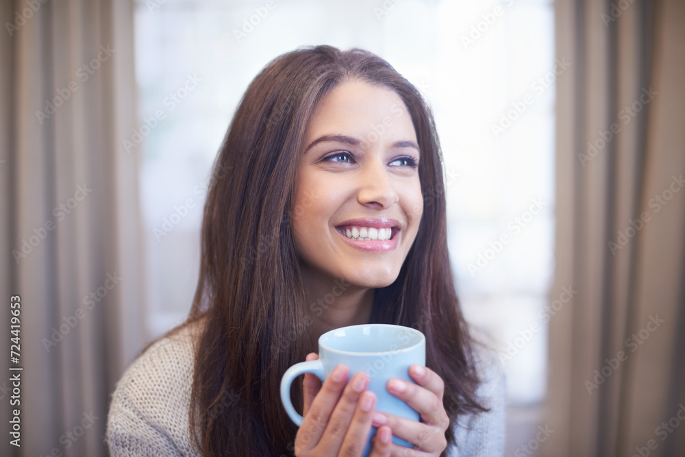 Happy woman, thinking and coffee in living room, future or daydream for inspiration and positivity in apartment. Smile, excited with tea and mindfulness with insight, ideas and drink espresso at home Happy woman, thinking and coffee in living room, future or daydream for inspiration and positivity in apartment. Smile, excited with tea and mindfulness with insight, ideas and drink espresso at home