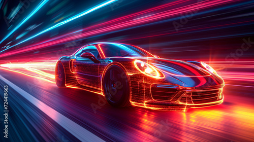 Racing sports car on neon highway. Powerful acceleration of a supercar on a night track with colorful lights and tracks. Blur at high speed. The light trail from the headlights. © Andrey Shtepa