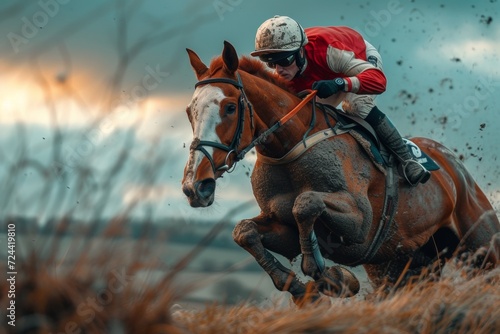 Jockey and horse in mid-jump at racecourse