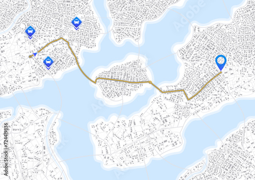 Pick up taxi. Gps map navigation. Passenger location sharing for taxi driver. Detailed view of city or horizontal map. City top view. Online navigation. Editable vector illustration