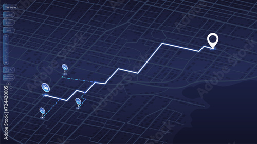Alternative transport with location system. GPS navigator screen. Fragments of town. An abstract navigation plan highlights POI including city streets, blocks. Editable vector illustration