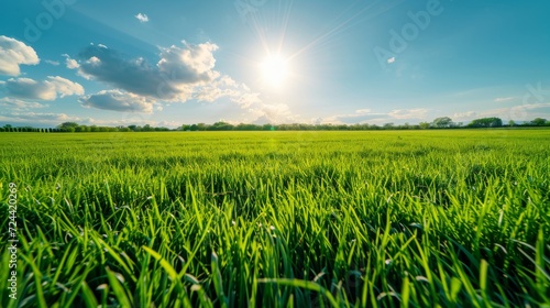 lush green field under bright in clear sky.