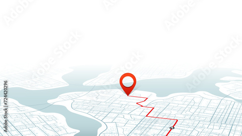 Navigation to poi. Main road throughout map. Simple scheme of isometric city. Location tracks dashboard. Generic city map with signs of streets, roads, house. Vector illustration, map background photo