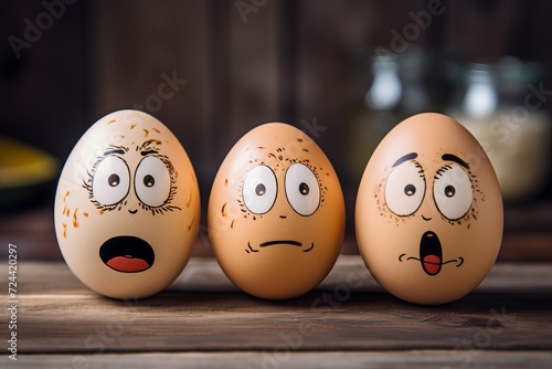 Three eggs with drawn faces expressing emotions