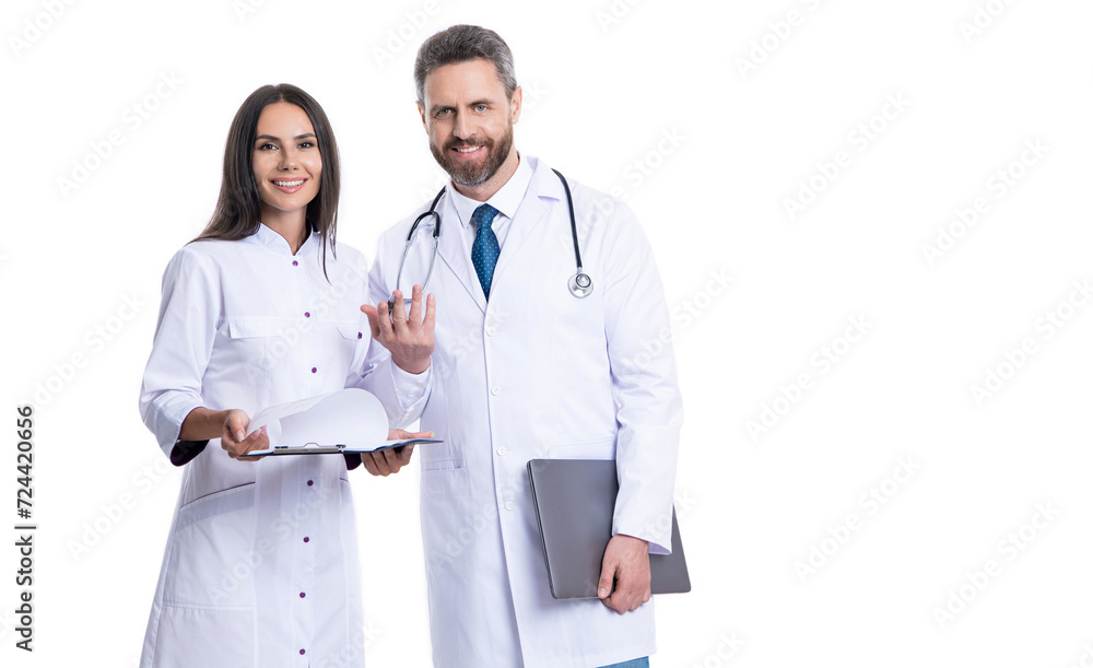 doctor hold medical prescription. doctor internist with clipboard isolated on white. prescriber physician with nurse. prescription. medicine and healthcare. doctor at hospital. copy space doctor hold medical prescription. doctor internist with clipboard isolated on white. prescriber physician with nurse. prescription. medicine and healthcare. doctor at hospital. copy space