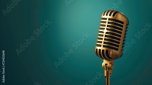 gold microphone on a lush green background, creating a nostalgic ambiance with copy space for text, ideal for music-themed designs