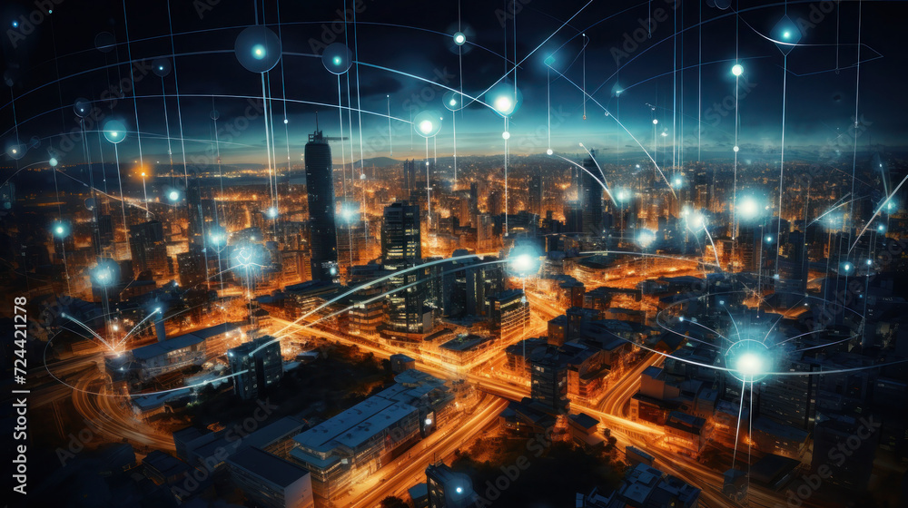 Wireless Communication technological picture city lights Night background Wireless Communication technological picture city lights Night background