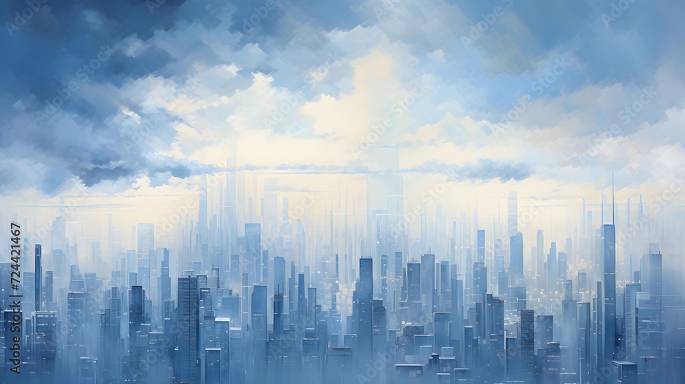 Panoramic image of a modern city under a cloudy sky.