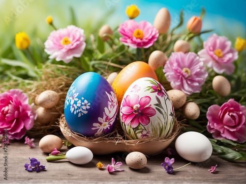 Colorful Eggs Adorned with Flowers on a Rustic Wooden Background, Celebrating the Season's Vibrancy in a Charming Composition