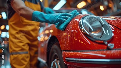 Close-up of a man using a self-service car wash facility to clean his red car with micro fiber cloth, Generative AI. photo