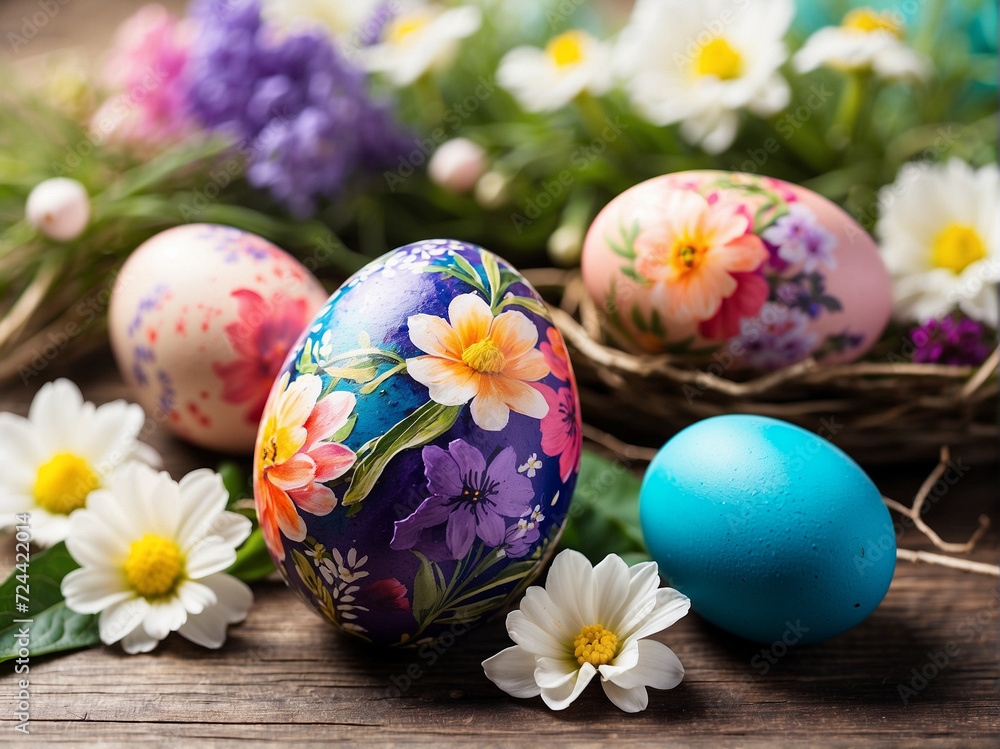 Colorful Eggs Adorned with Flowers on a Rustic Wooden Background, Celebrating the Season's Vibrancy in a Charming Composition