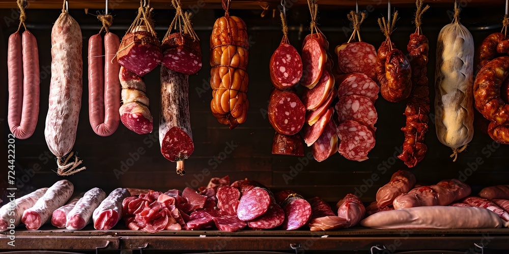 Traditional butcher shop display with assorted meats. rustic, artisanal look. perfect for culinary usage. no copyright infringements. AI - obrazy, fototapety, plakaty 