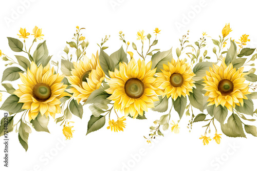 Sunflower Border Seamless Pattern Watercolor Floral Illustration for Rustic Wedding and Fabric Design