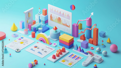 Modern colorful 3D infographics. Statistics Business 3d Pie Chart, Bars, Strips, Steps and Options. Business Infographic creative design made of 3D shapes