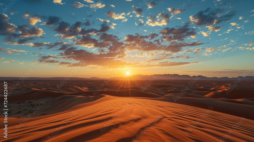 The sun is set over a desert with sand dunes and mountains with a few clouds in the sky.