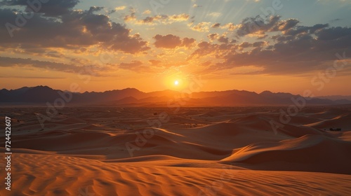 The sun is set over a desert with sand dunes and mountains with a few clouds in the sky.