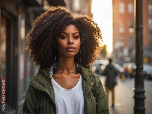 Portrait of a beautiful african american woman with afro hairstyle in the city © SabithaRani