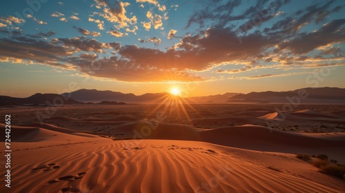 The sun is set over a desert with sand dunes and mountains with a few clouds in the sky.