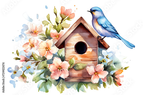 Watercolor Birdhouse Illustration  Charming Avian Home Art for Prints and Decor © Novian