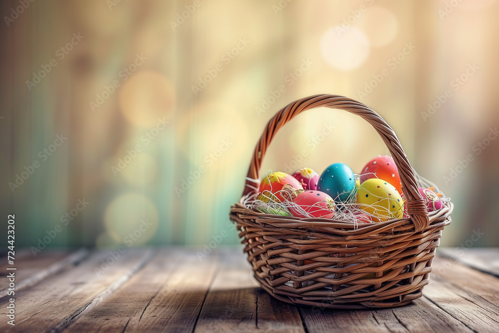 Basket filled with colorful Easter eggs, set on an aged wooden floor Basket filled with colorful Easter eggs, set on an aged wooden floor