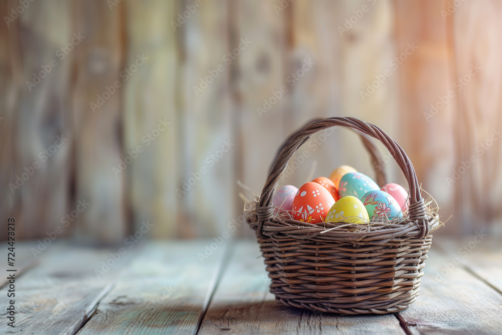 Basket filled with colorful Easter eggs, set on an aged wooden floor Basket filled with colorful Easter eggs, set on an aged wooden floor