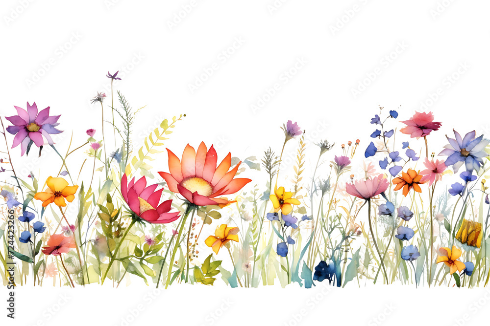Watercolor Wildflowers Seamless Border  Summer Floral Frame for Greeting Cards and Invitations