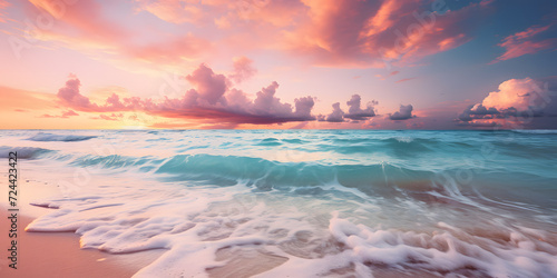 Pastel colored sunset beach scene with teal water and pink clouds