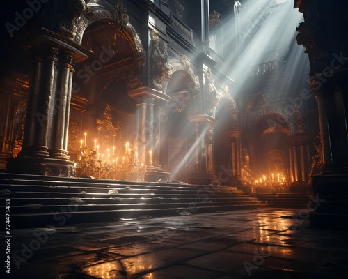 Gothic church interior with stained glass windows illuminated by searchlights