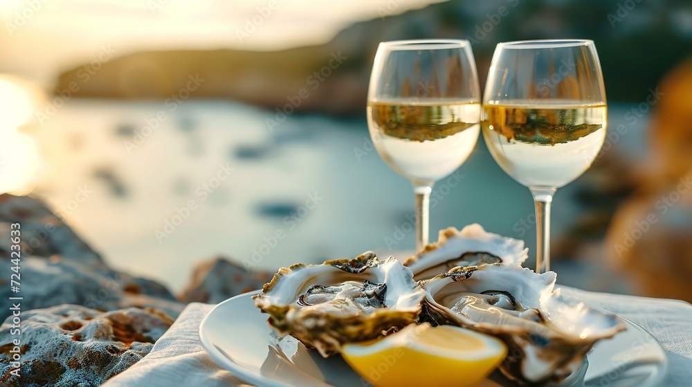 Croatian cuisine platter with lemon and two glasses of white wine, with fresh oysters against a blurry sea backdrop, Generative AI.